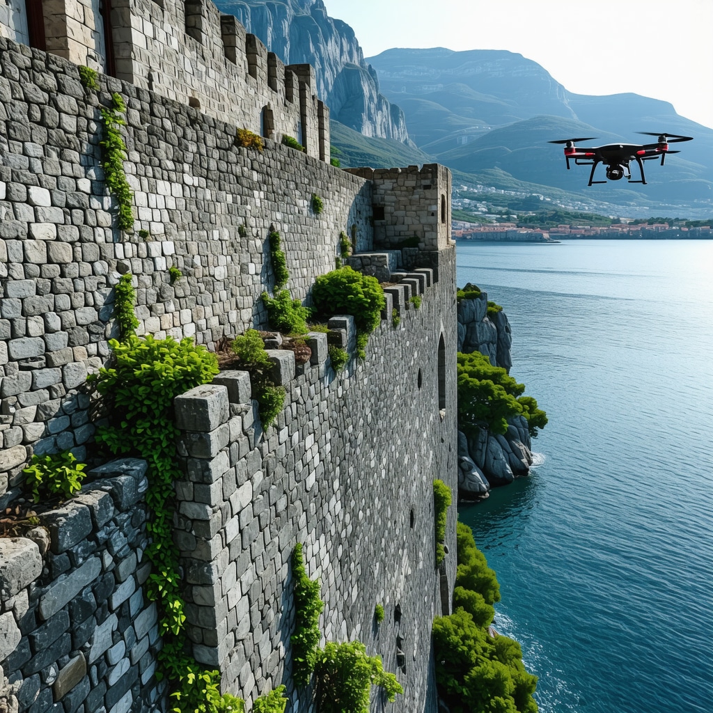 3D scanning of ancient stone walls in Kotor Old Town with drone flying over Kotor Bay showing heritage and ecological monitoring
