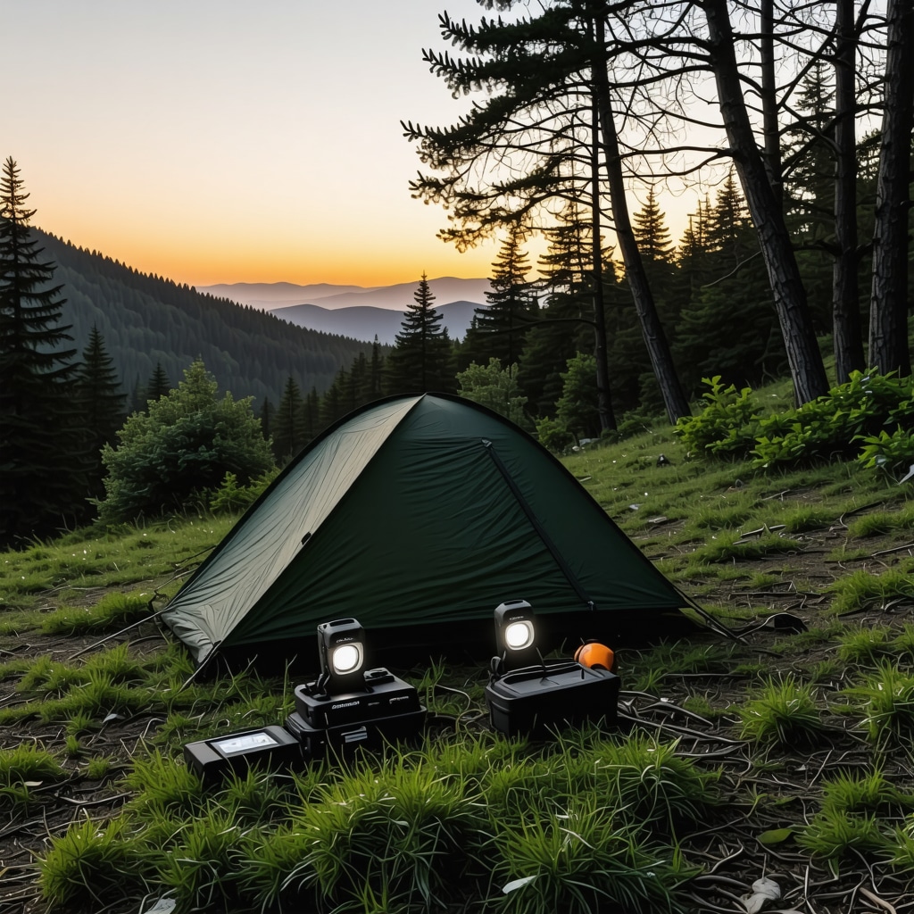 Camping gear including GPS, LED headlamps, and eco-friendly equipment in Zlatibor mountains