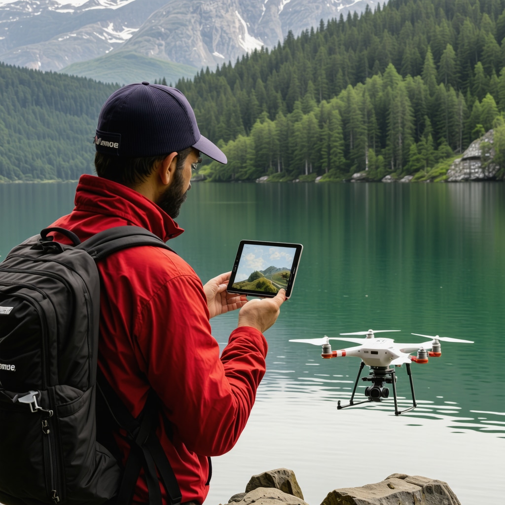 Visitor using drone for habitat mapping at Gümüş Göl with local guides in natural surroundings