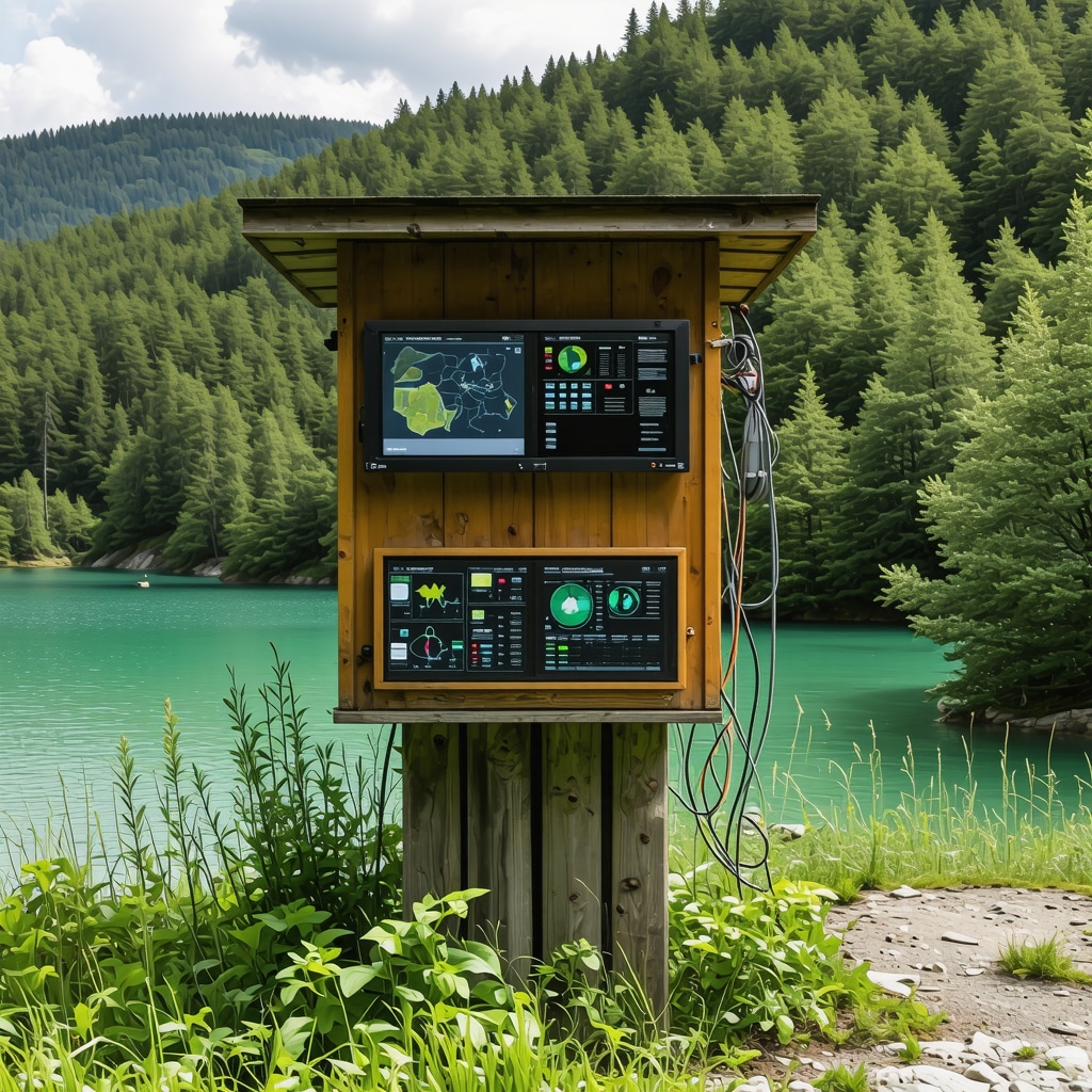 Environmental sensors and data displays in forested area by turquoise lakes at Plitvička Gölleri National Park