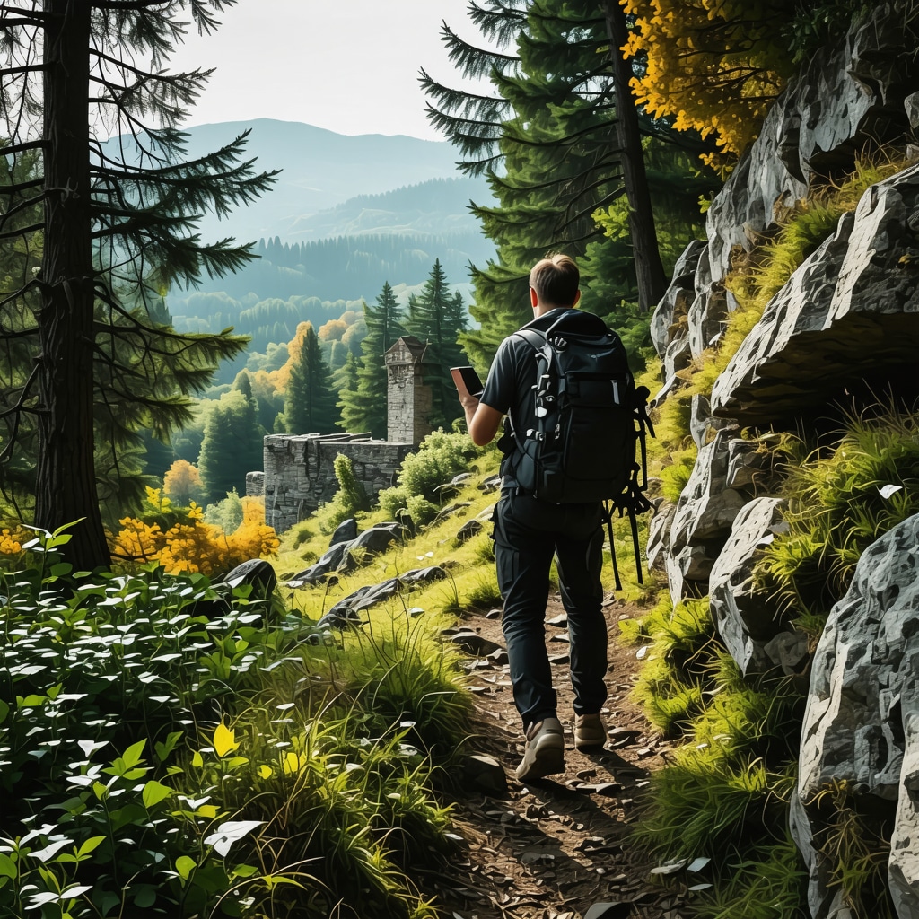 Hiker with GPS and gear on forest trail near historical ruins in Pristina during autumn