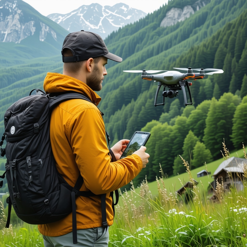 Hiker using GPS and drone technology in Lovćen Mountains for sustainable trekking