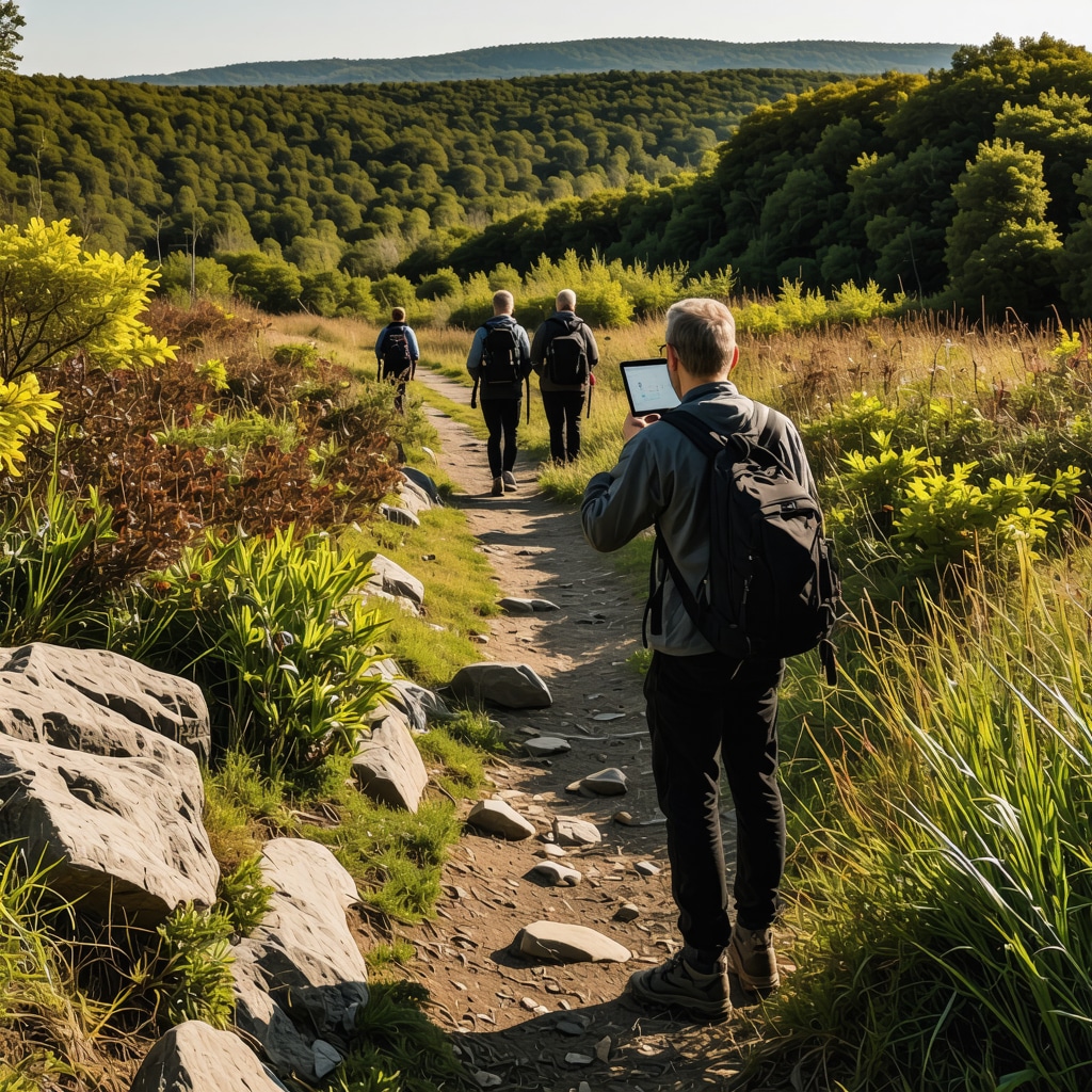 Hikers navigating Avala Mountain trails with GPS devices amidst autumn foliage and rocky landscape