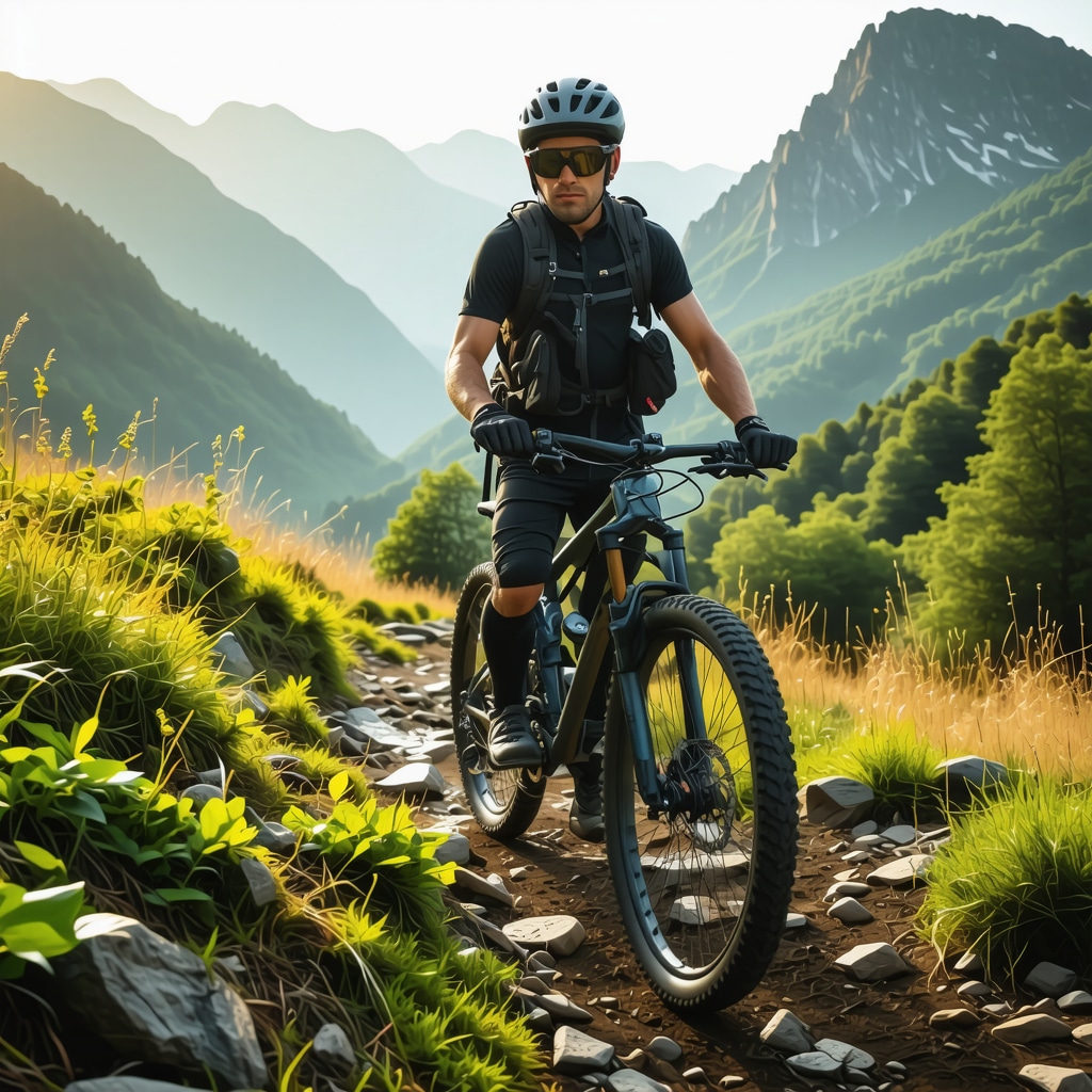 Mountain biking gear and GPS device on rugged trail in Konjic mountains at sunset
