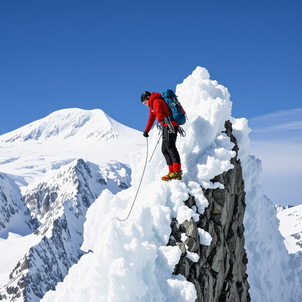Skilled mountaineer with advanced climbing gear on icy Brezovica mountain peak