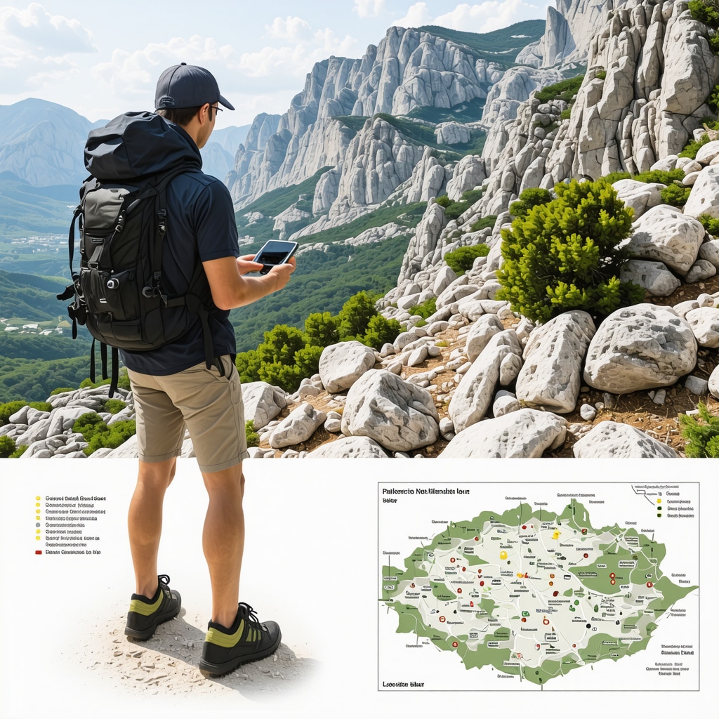 Hiker using GPS and weather devices in Paklenica National Park with archaeological 3D overlays and guided cultural tours in Zadar