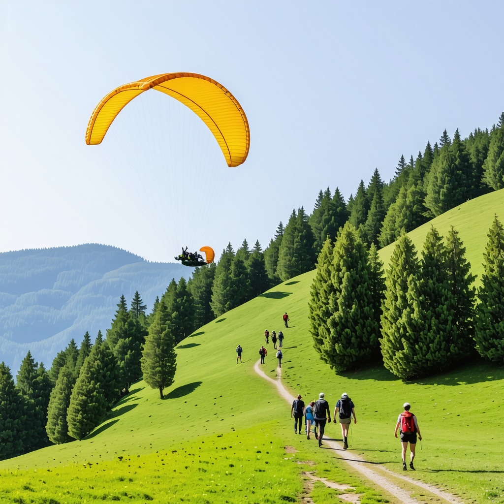 Paragliders flying over Zlatibor forested mountains with hikers using GPS devices on trails