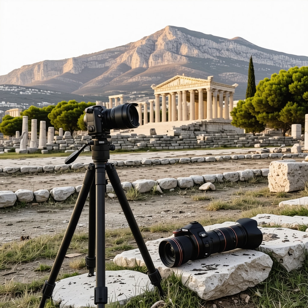 Photography equipment setup capturing Apollon Temple and Parnassos Mountain at golden hour in Delphi
