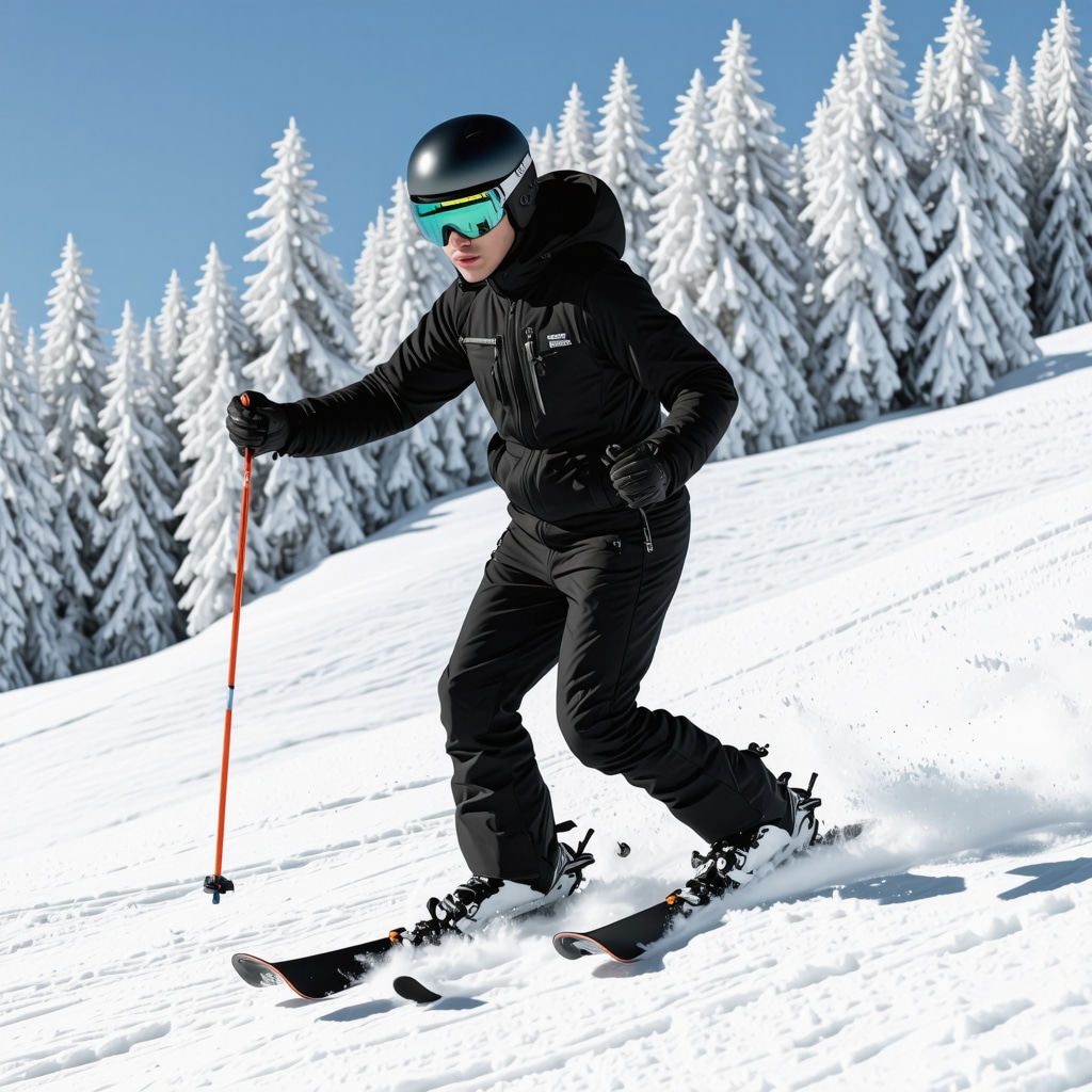Professional skier with advanced equipment skiing on snowy Borovets mountain slope with GPS data overlay