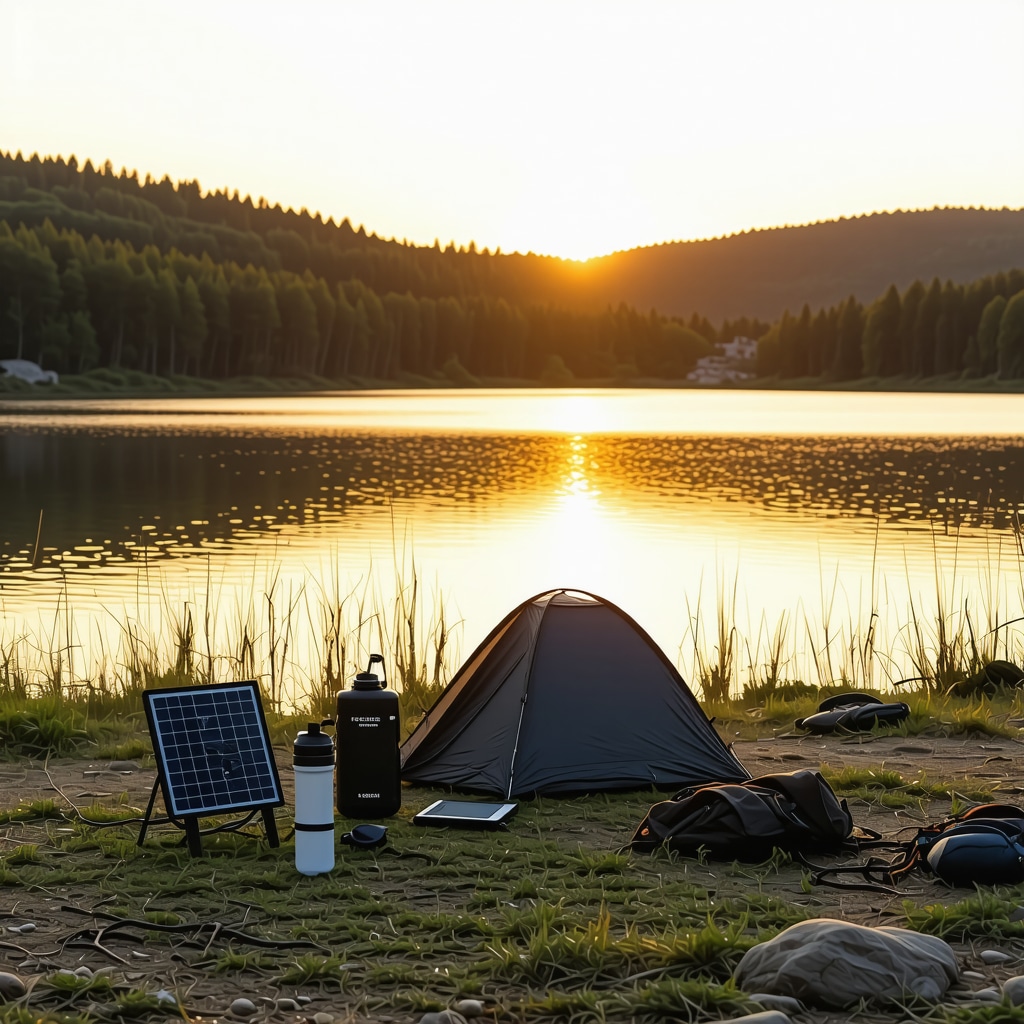 High-tech camping gear with solar panels and GPS device beside a lake in a forest at sunset