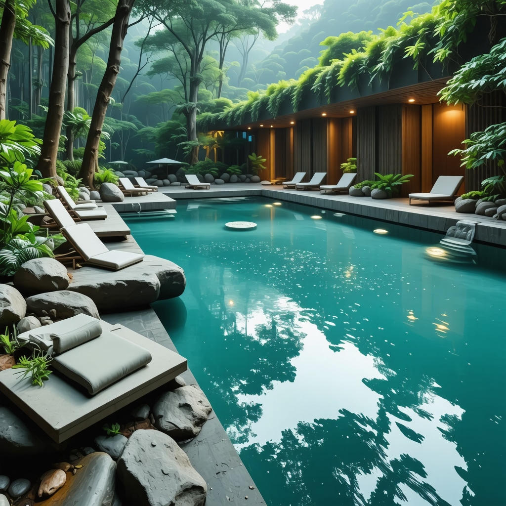 Modern spa facility surrounded by forest with mineral pools and medical equipment representing integrated thermal therapy