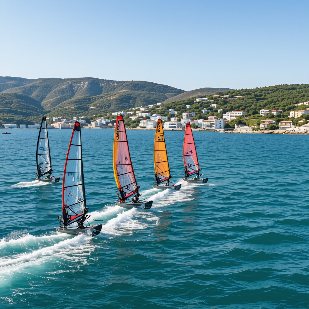 Windsurfers and sailors at Burgaz coast using advanced equipment with natural landscape and eco-friendly elements