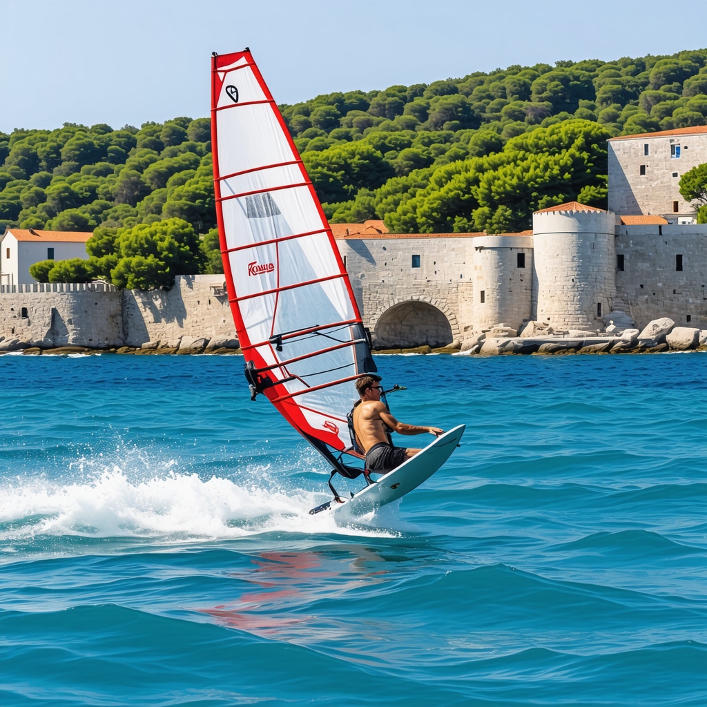 Windsurfer executing advanced moves on Adriatic Sea near Dubrovnik coastline with greenery and historic walls