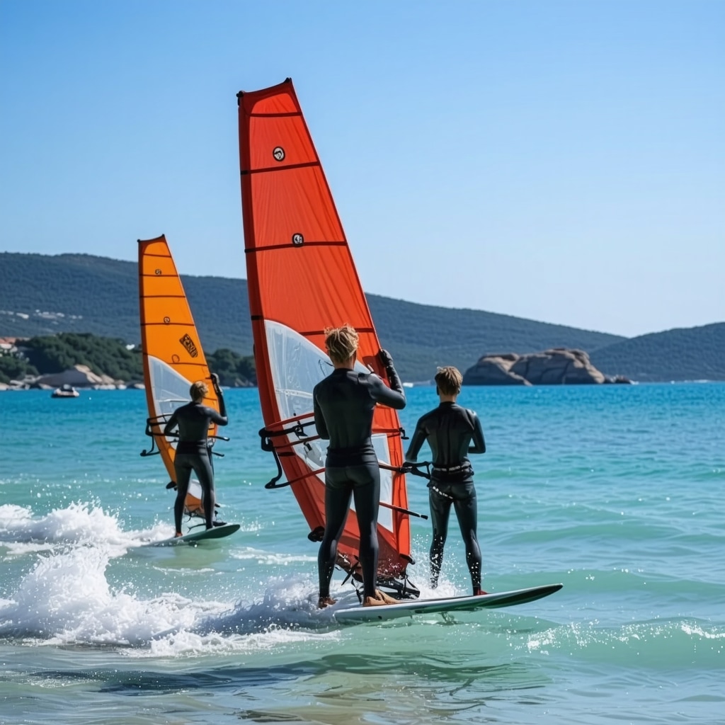 Windsurfers with high-tech equipment on Burgaz coast showing sustainable and technological sports environment