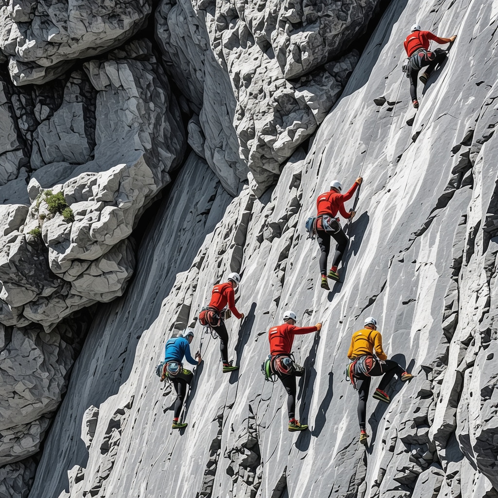 Experienced climbers with advanced safety equipment climbing steep cliffs in Paklenica National Park