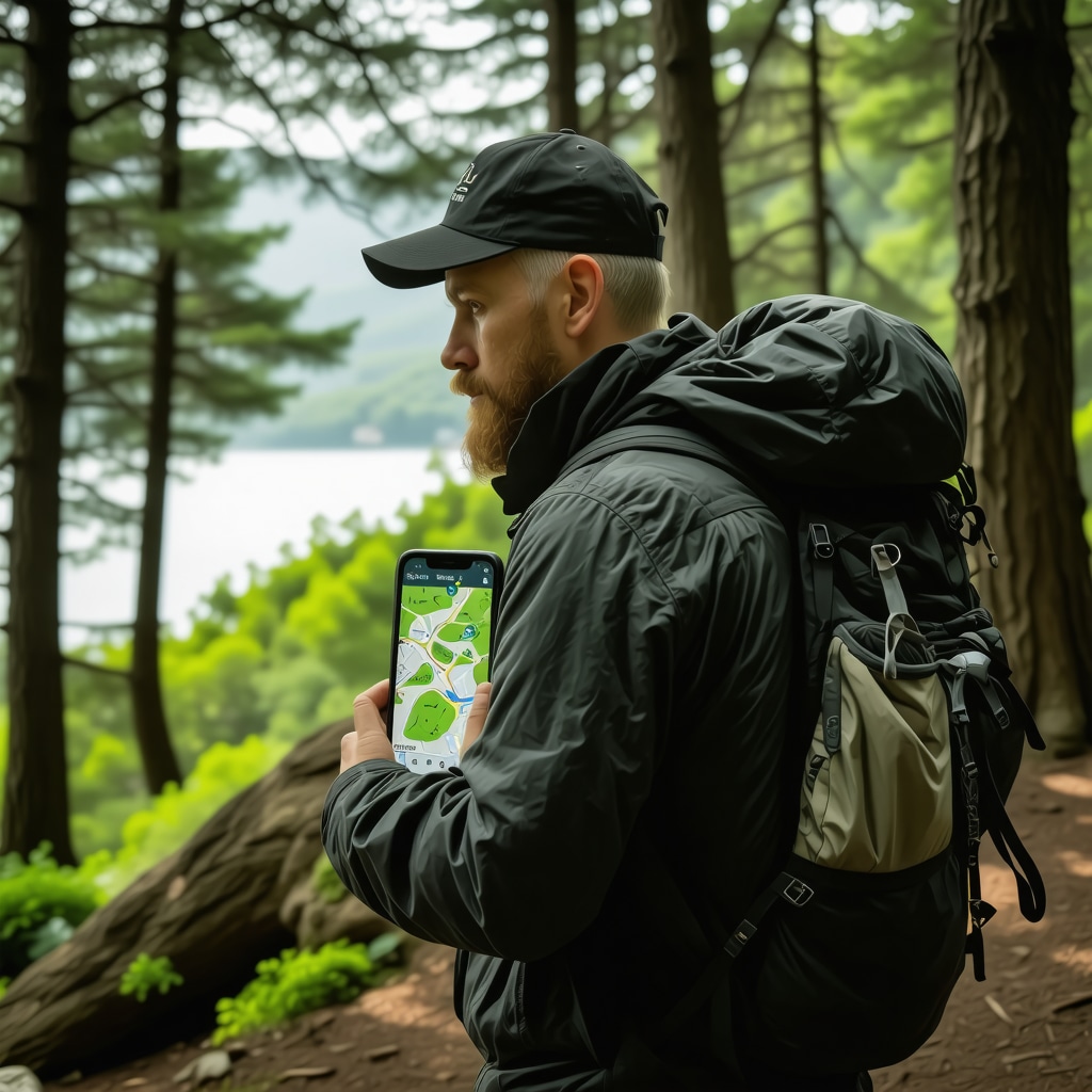 Hiker using GPS and augmented reality app to explore Istanbul's historical and natural walking trails