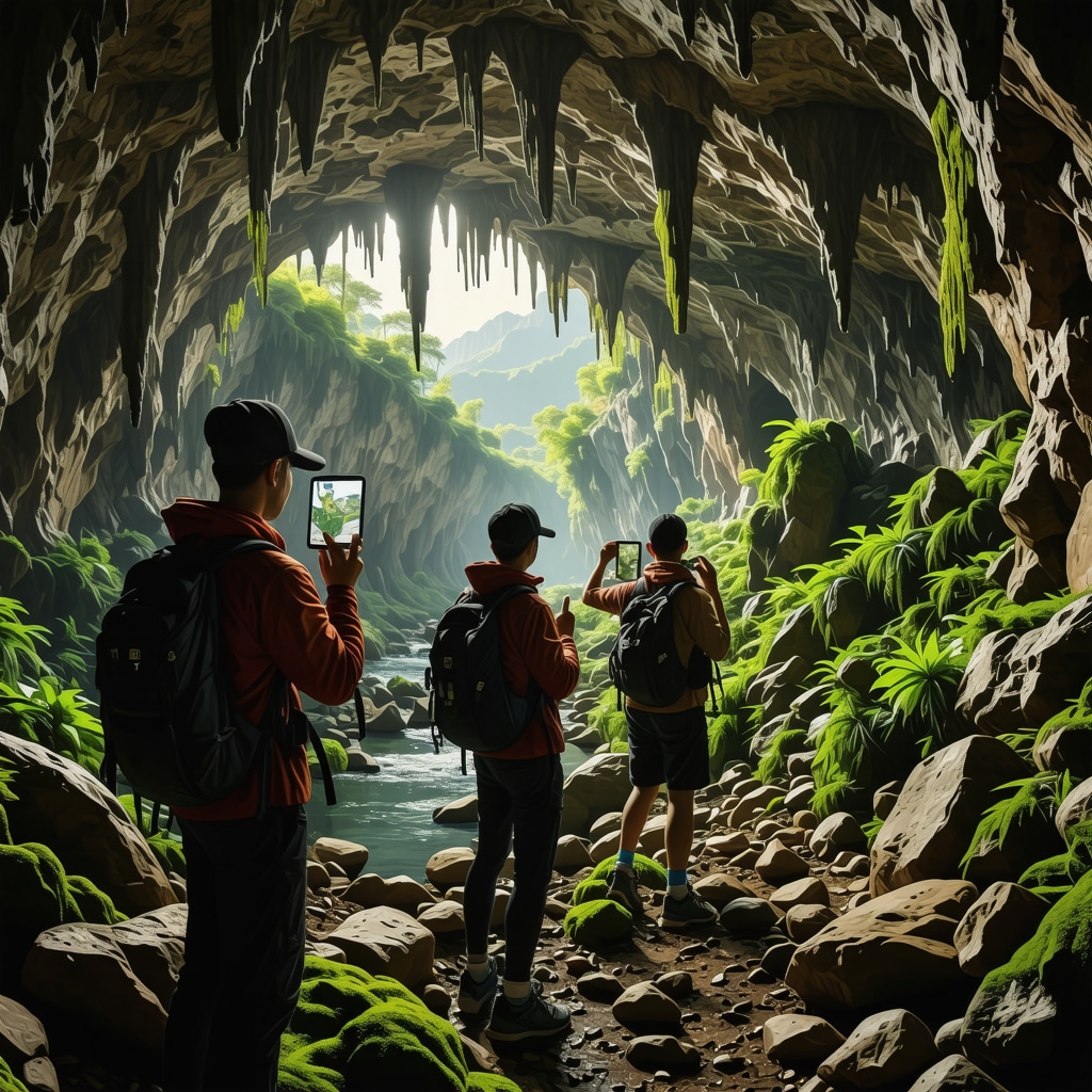 Hikers using augmented reality devices while exploring Škocjan Caves' karst formations and underground rivers