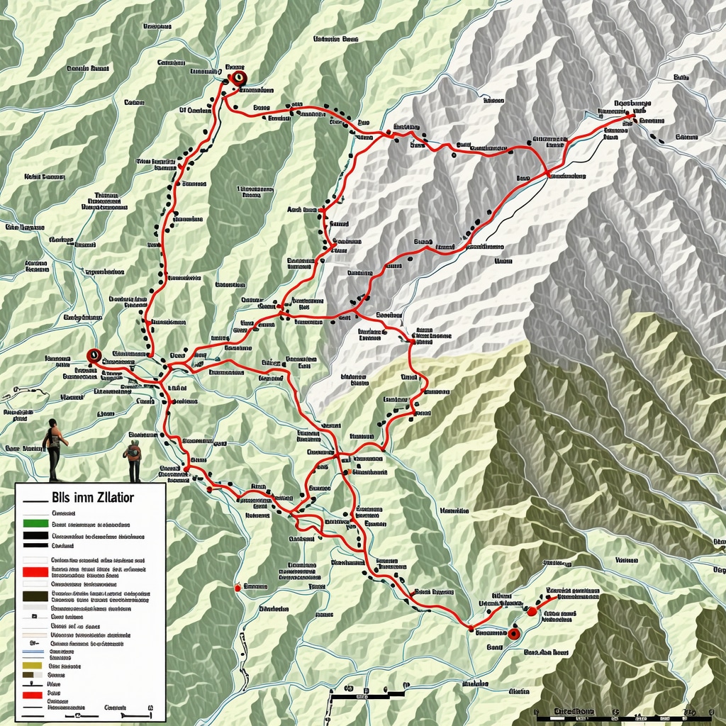 Map illustrating Zlatibor trekking routes with hikers using GPS and compass navigation