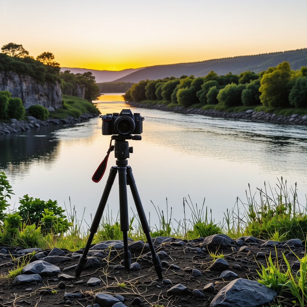 Photographer using tripod and polarizing filter capturing sunset reflections over Đerdap Gorge and Danube River