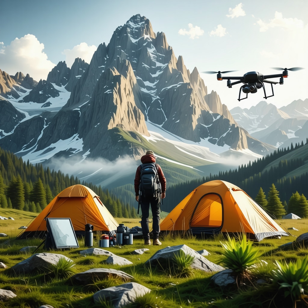 Climbers with advanced gear and eco-friendly tents in Paklenica National Park using GPS and drone technology