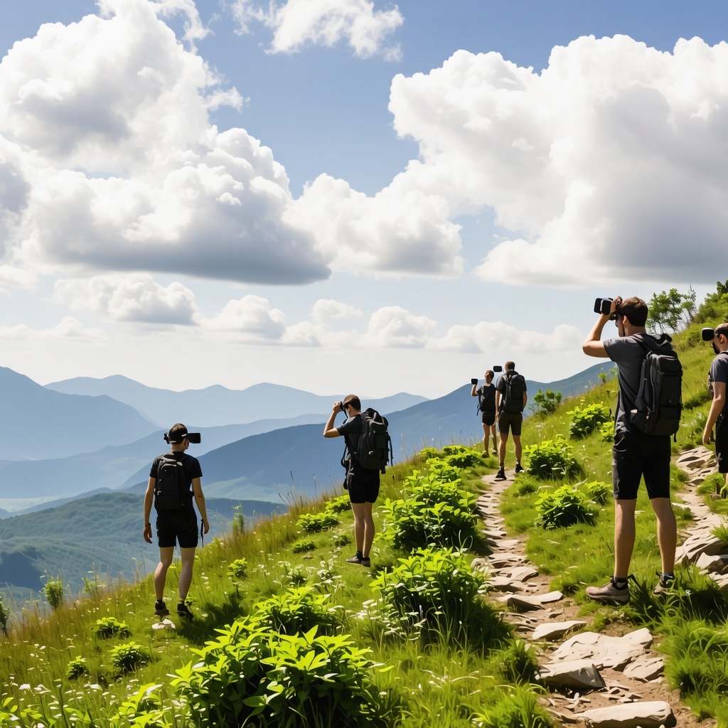 Hikers using AR technology on a rugged trail in Lovćen National Park surrounded by diverse flora
