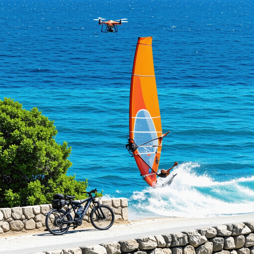 Expert windsurfer on Karadeniz sea near Mamaia, e-bicycles on coastal trail, drone flying overhead