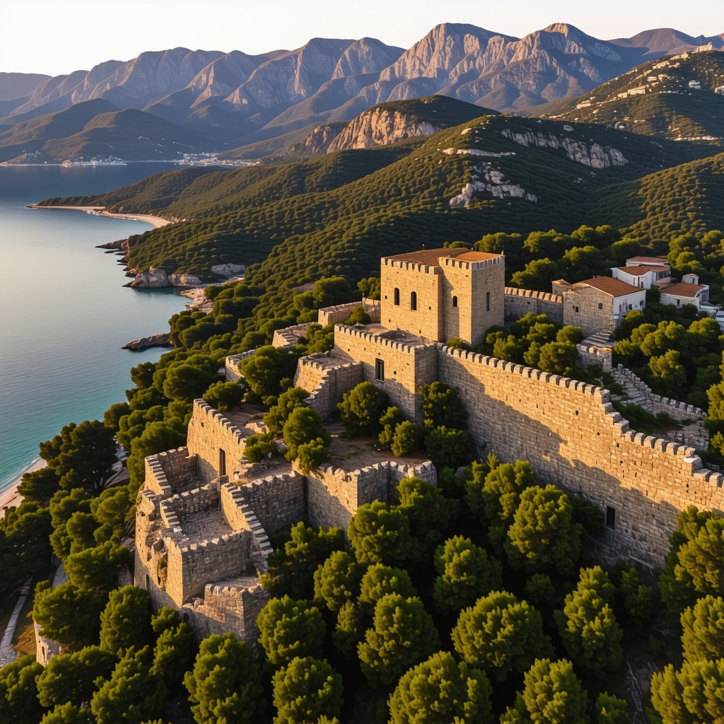Aerial photograph of Nafplio featuring Palamidi Castle, coastline, and surrounding greenery during golden hour