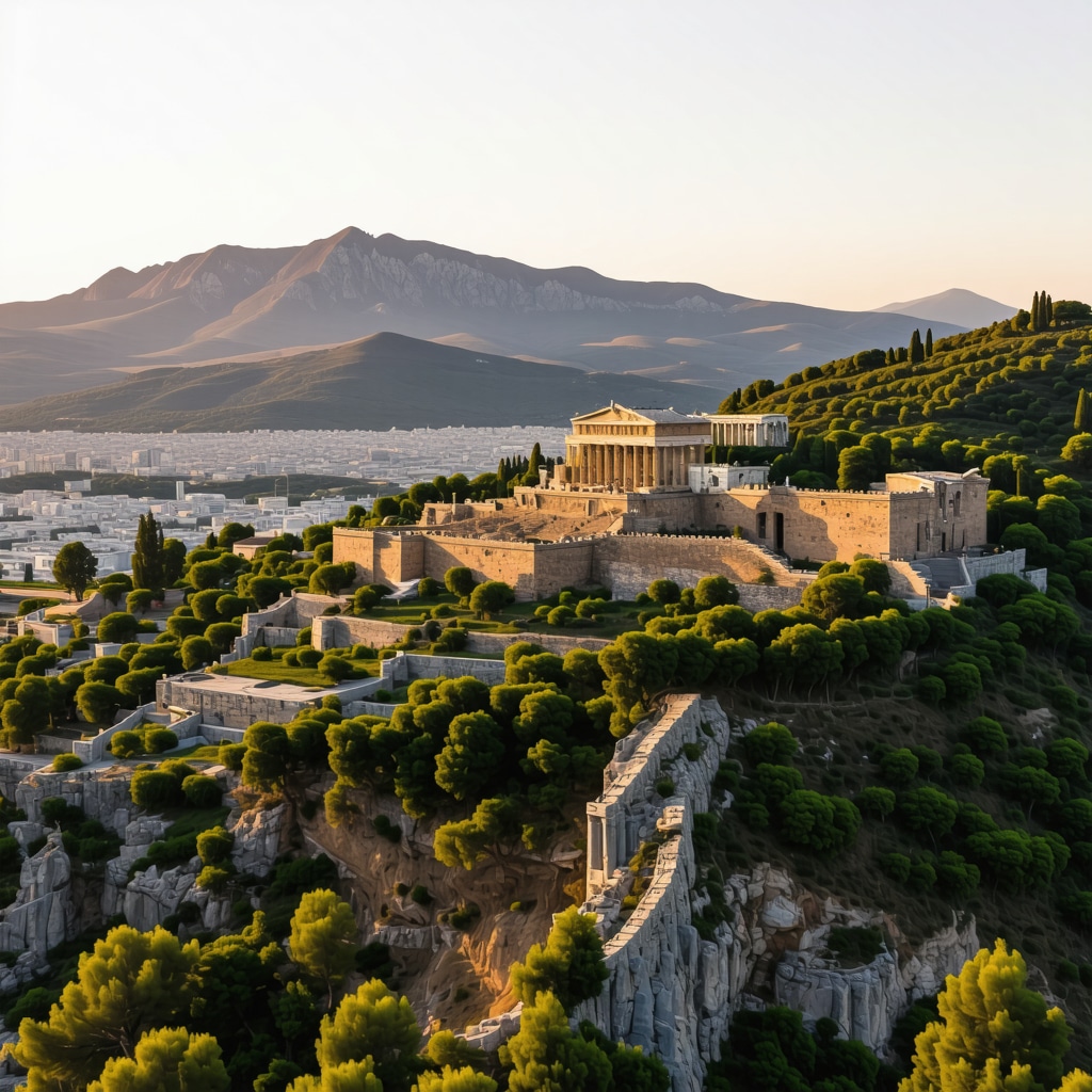 Drone aerial photo showing Athens Acropolis with lush green hills and warm golden hour lighting