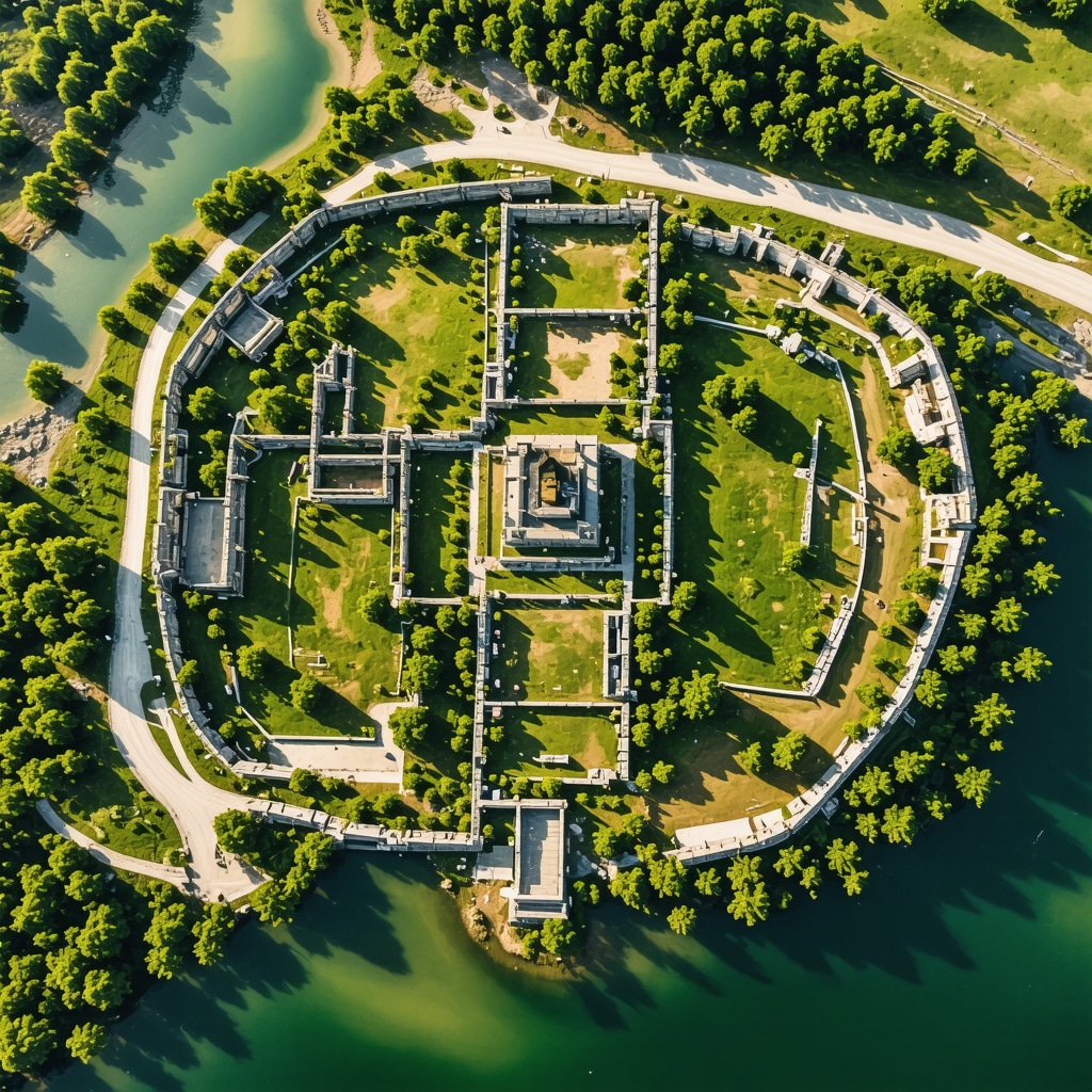 Aerial image showing Butrint ruins integrated with wetlands and lagoons under natural light