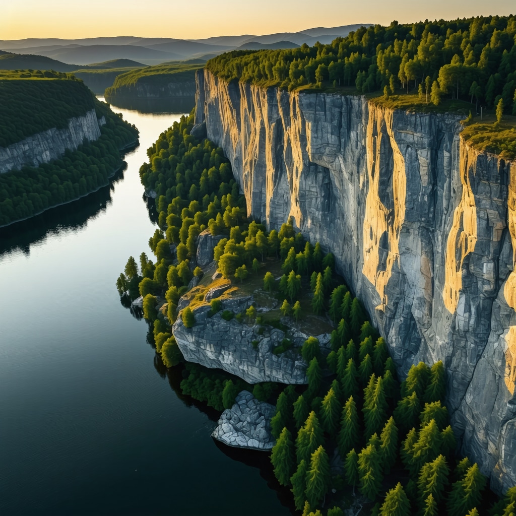 Aerial photograph showing Đerdap Kalesi perched on rocky cliffs beside the Danube River with geological layers visible