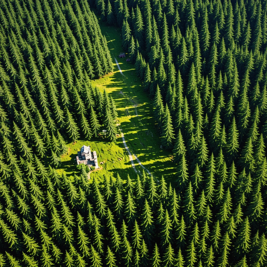 Aerial image showing the lush İğneada Longoz Forests with walking paths and ancient ruins in Kırklareli, symbolizing eco-tourism and cultural heritage.
