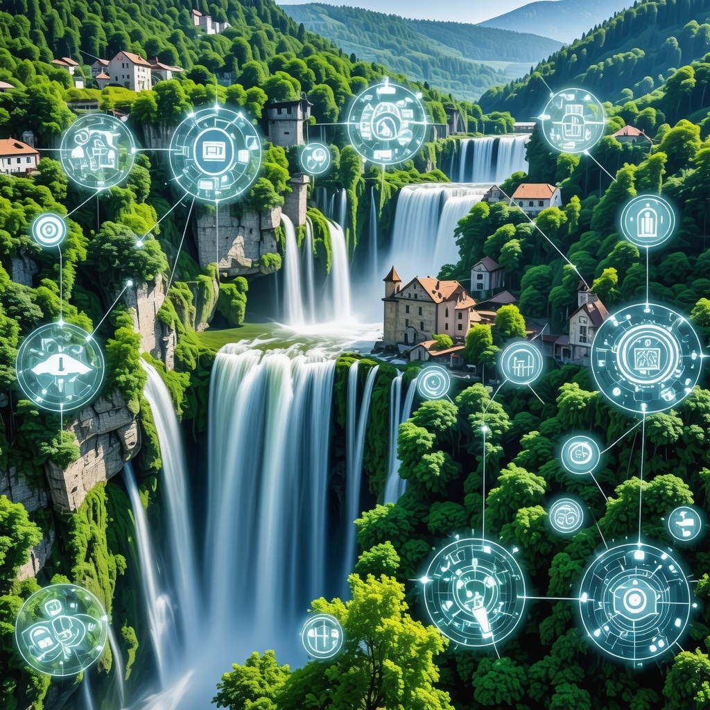 Panoramic aerial view of Jajce town with waterfalls, forests, castle ruins and digital icons symbolizing smart sustainable tourism