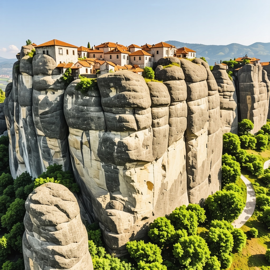 Aerial photograph showing Meteora's sandstone pillars with monasteries and surrounding endemic flora