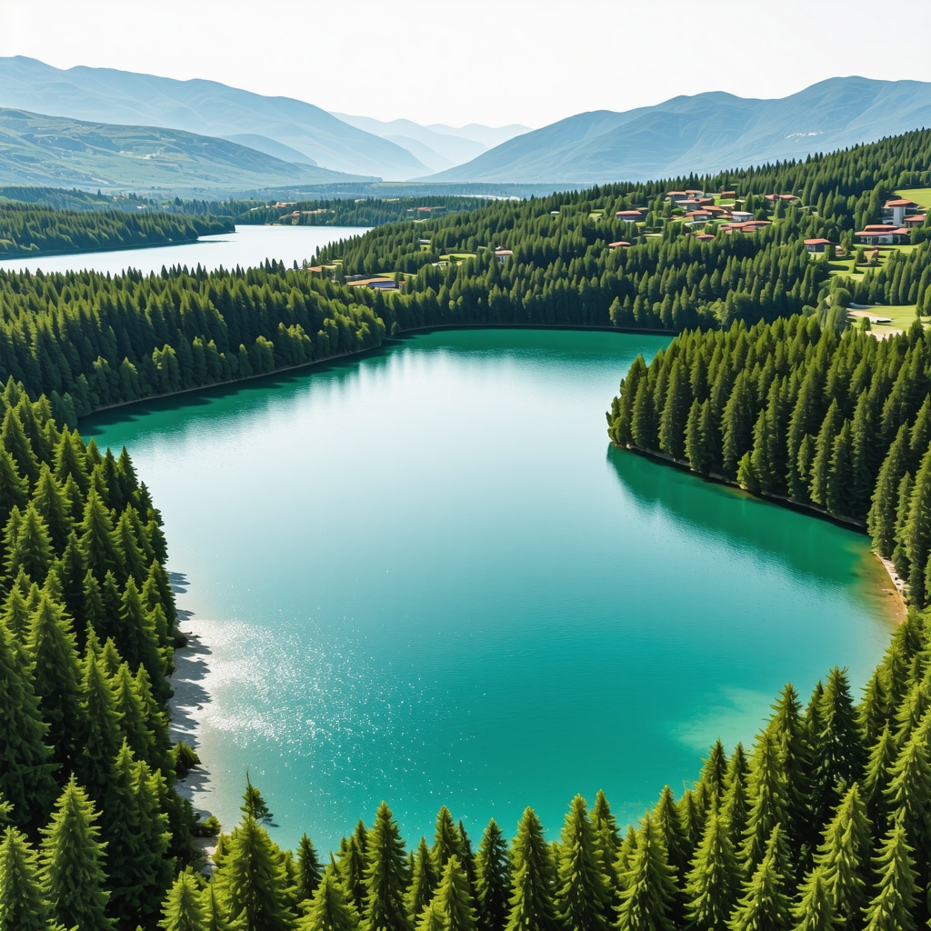 Panoramic aerial shot of Ohrid Lake featuring clear water, forests, and villages emphasizing eco-tourism and conservation