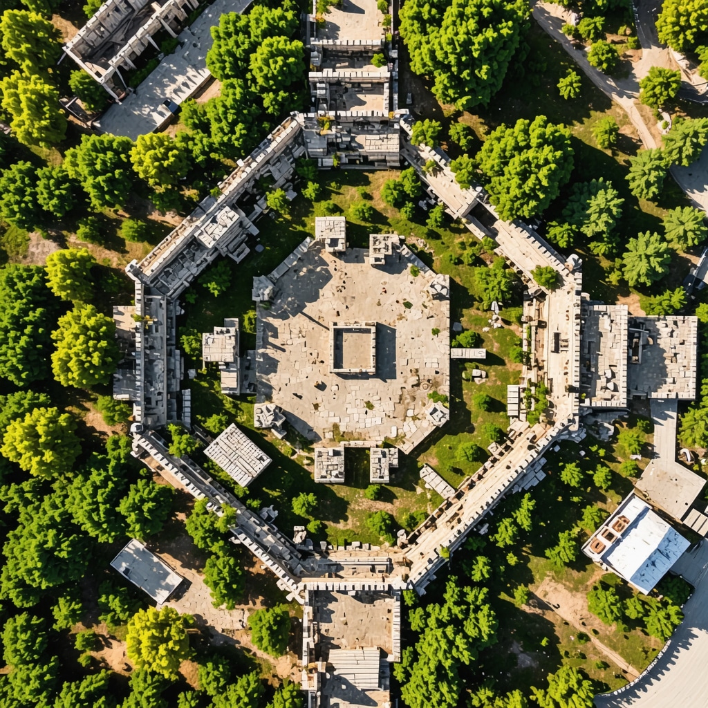 Drone shot of Apollonia Ancient City ruins amidst Mediterranean flora
