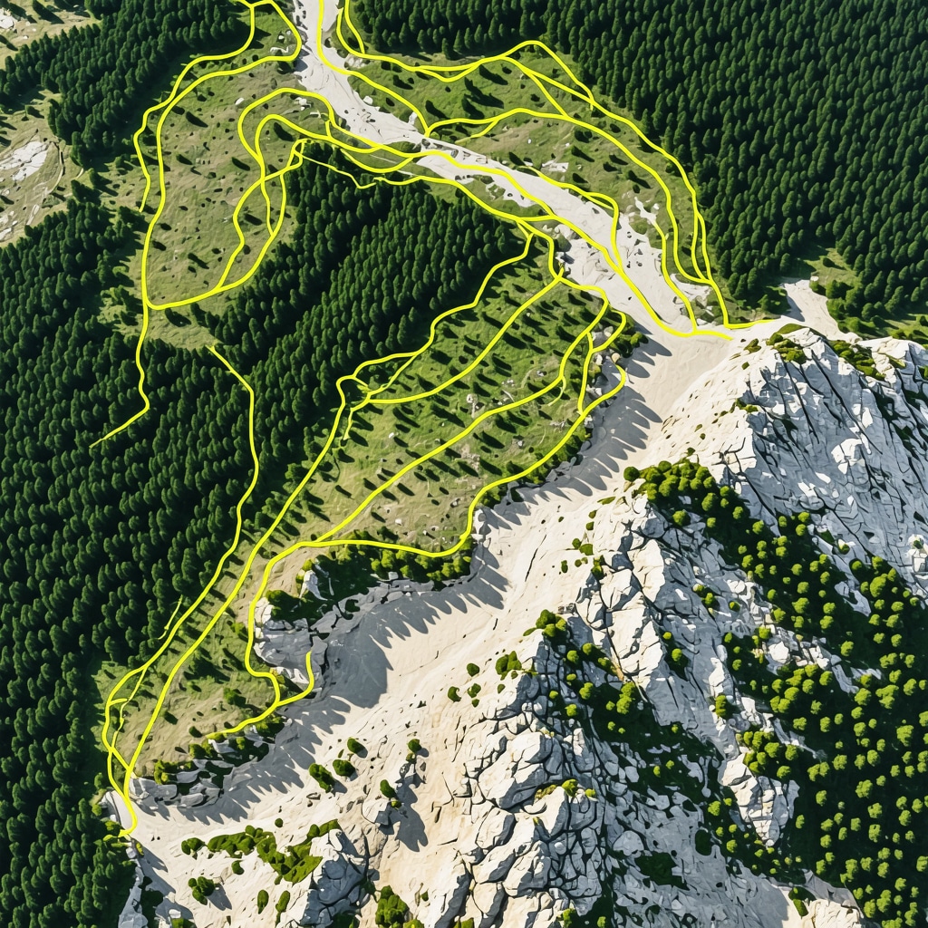 Aerial photograph of Avala Mountain hiking trails in Belgrad with GPS route markings and natural forest landscape