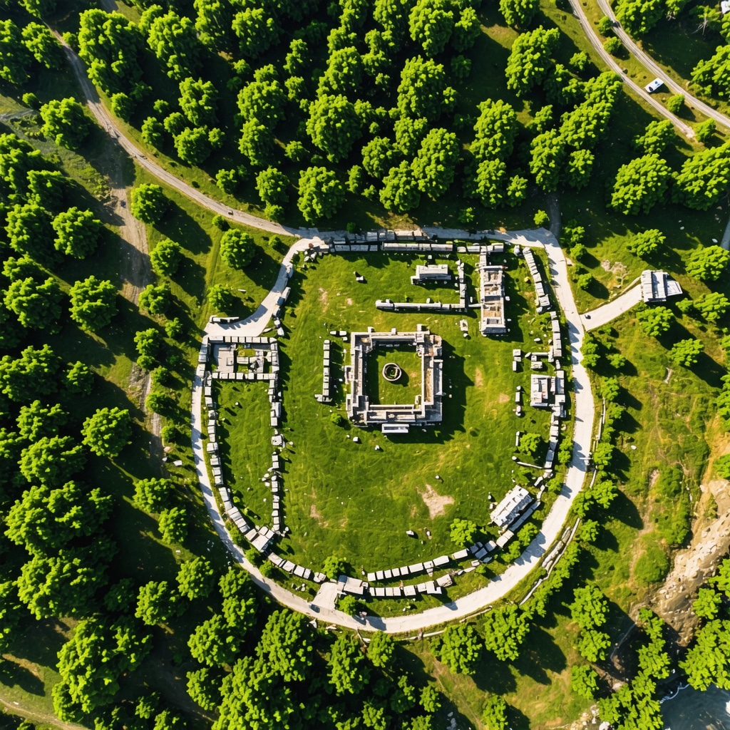 Aerial photograph showing Daorson archaeological ruins and the lush Bregava River environment emphasizing sustainable tourism