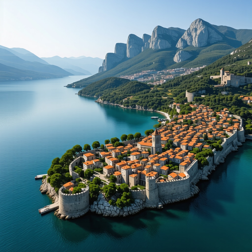 Aerial photo of Kotor Bay with medieval city walls, mountains and Adriatic Sea symbolizing sustainable tourism