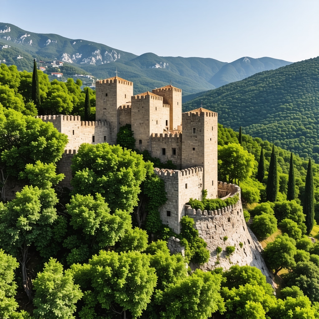 Aerial photo of Kruja Castle and lush green mountainous surroundings