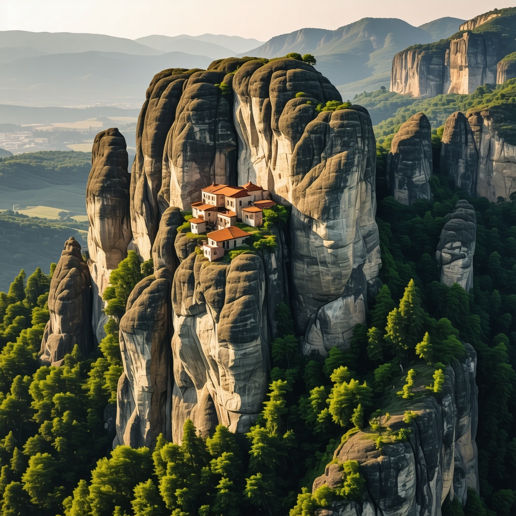 Drone image of Meteora's rock formations and monasteries during golden hour
