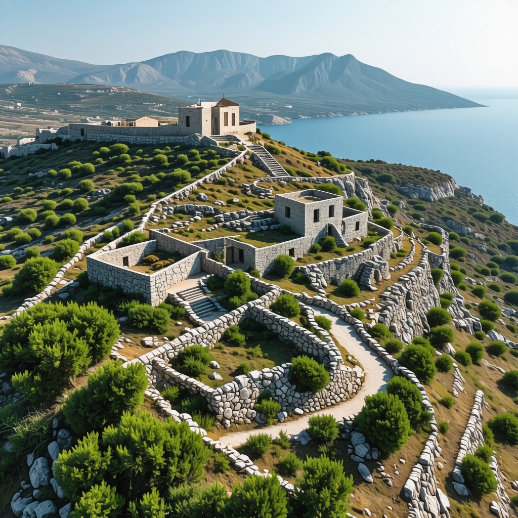 Aerial photograph of Mikonos island featuring hiking paths, ancient ruins enhanced with digital graphics, and eco-friendly tourism activities
