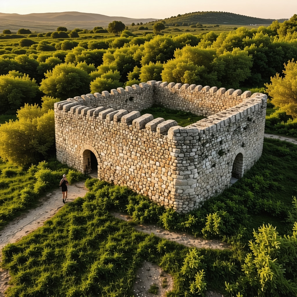 Aerial photograph showcasing Nin's ancient stone walls integrated with lush natural scenery under warm golden hour light, with tourists walking and photographing the area