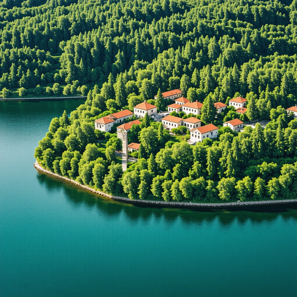 Ohrid Lake aerial view with surrounding nature and historic architecture