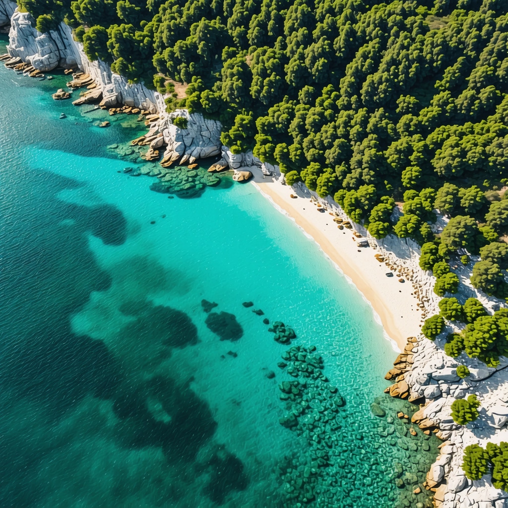 Drone aerial photo showing Petrovac coastline, green parks, Adriatic sea, and digital monitoring drones for sustainable tourism