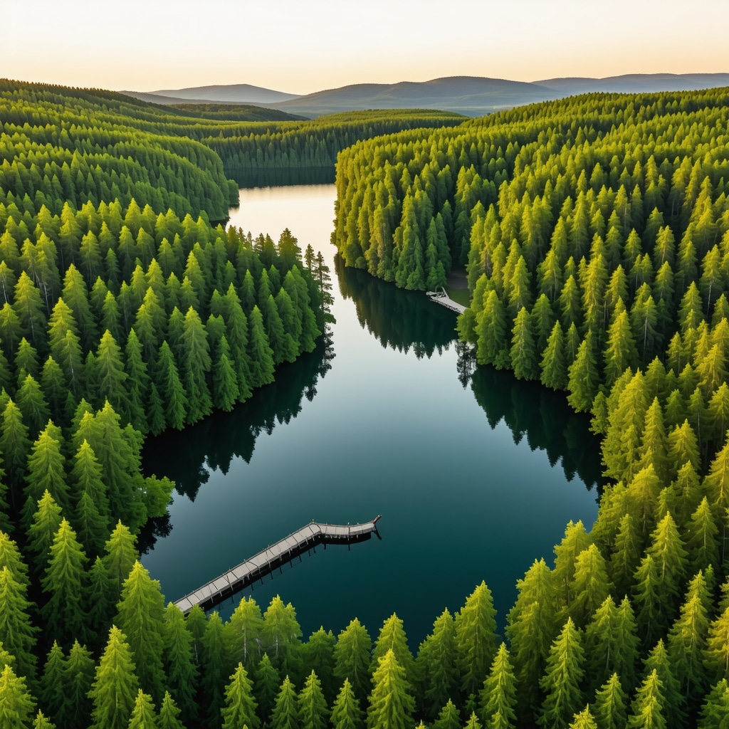 Aerial image of Plitvička Gölleri lakes and waterfalls with eco-tourism facilities under sunrise light