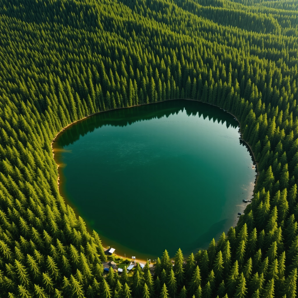 Drone aerial image showing Pogradec lake, hiking trails, and campsites at sunset