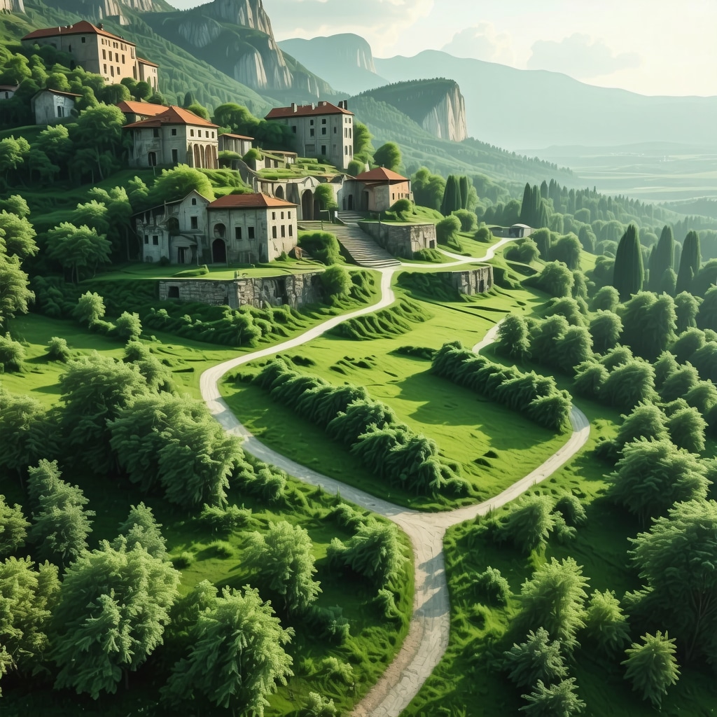 Aerial view showing natural parks, archaeological ruins, and technology use in Pristina for conservation