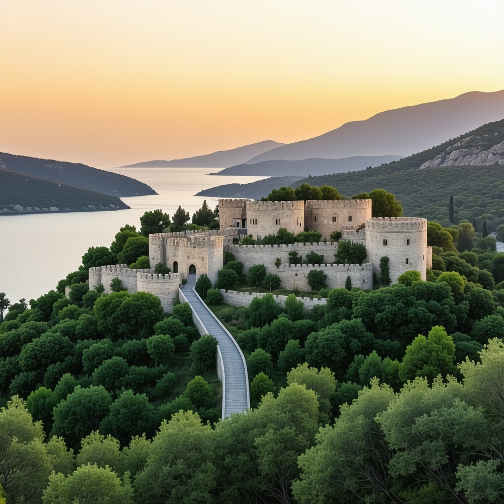 Aerial photograph highlighting Rhodes' medieval castles and natural green landscapes with a golden sunset backdrop