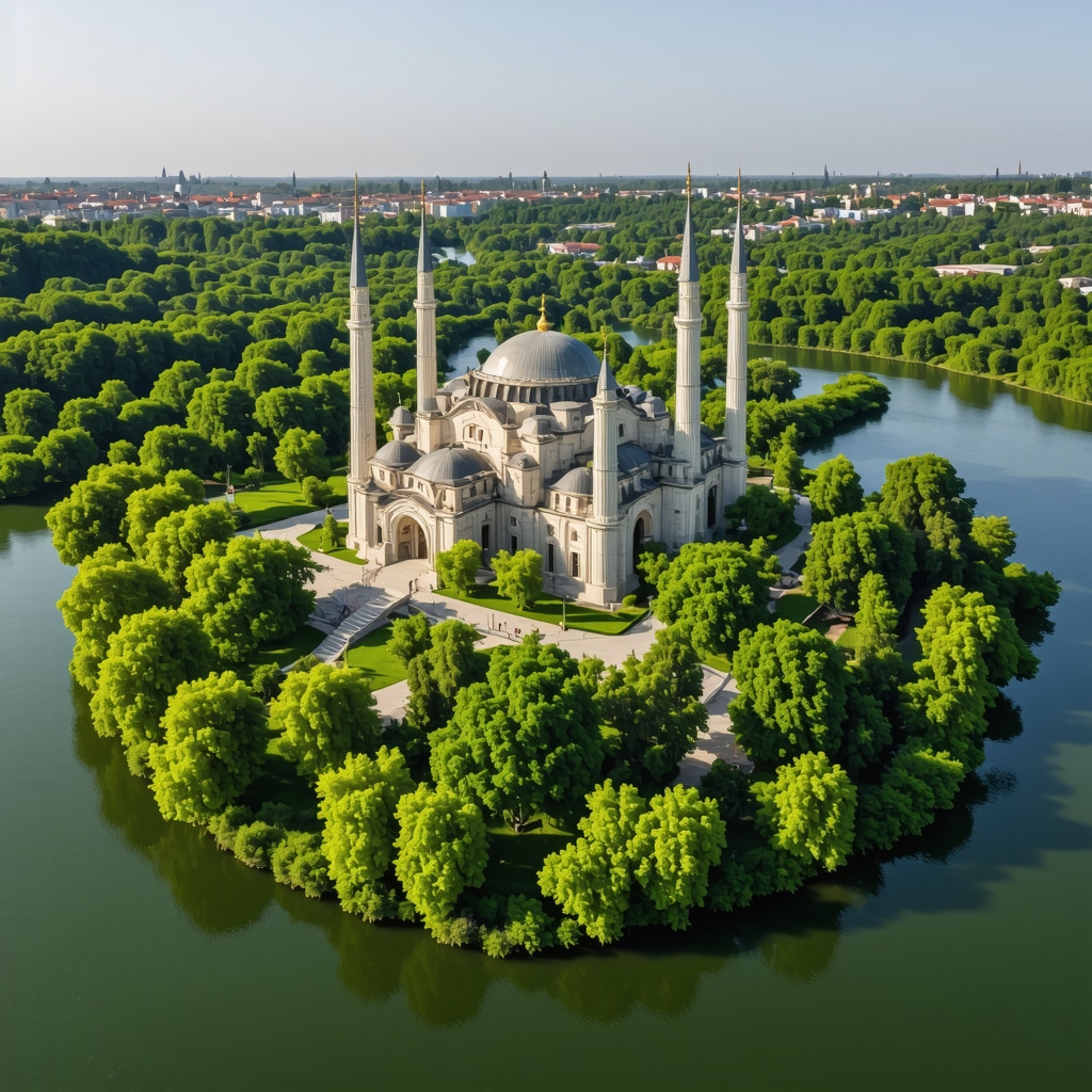 Drone aerial image of Selimiye Mosque with lush green surroundings and rivers in Edirne