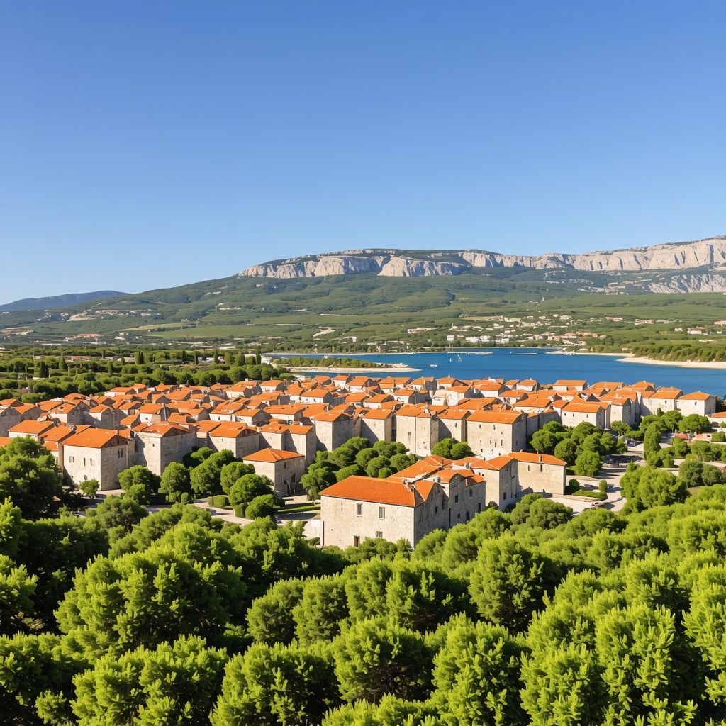 Aerial photograph showing Trogir's historic architecture and adjacent natural greenery under blue sky